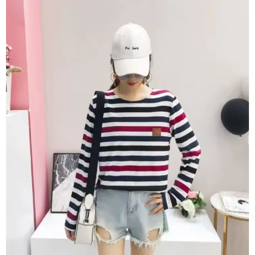 Camiseta Feminina Manga Longa Listrada Primavera/Outono Tamanho P | Casual, Versátil e Confortável | Loose Fit