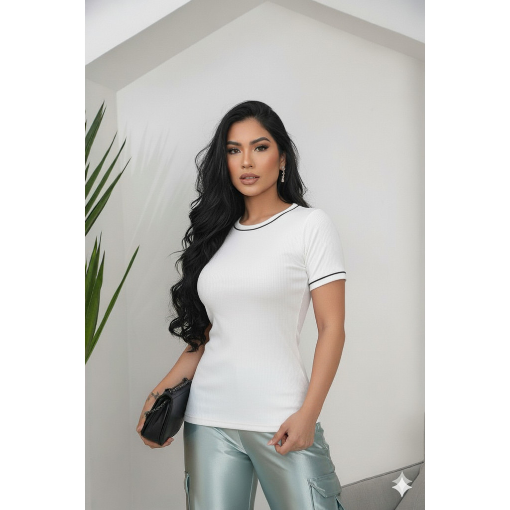 Camiseta Feminina Canelada Algodão Premium Baby Look Gola Redonda Sem Transparência Moda Blogueira