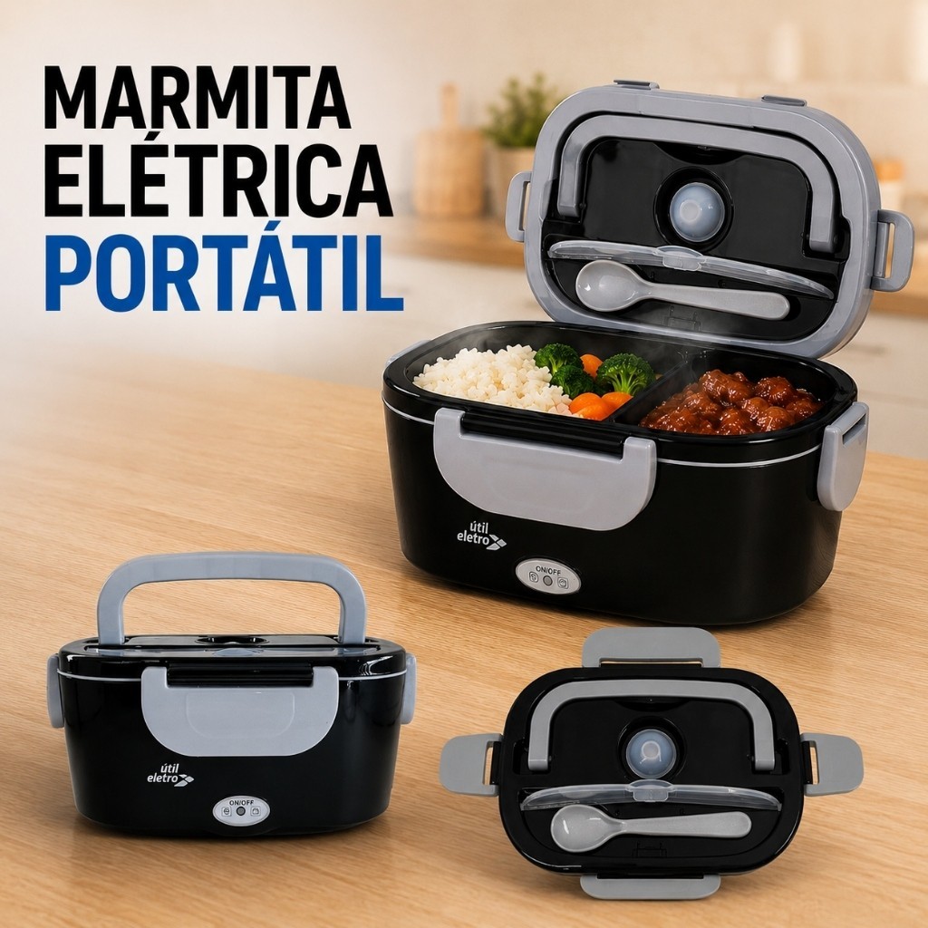 Marmita Elétrica Portátil 1,5L Bivolt Aquecedor de Comida Lunch Box Marmiteira Térmica Preta 60W