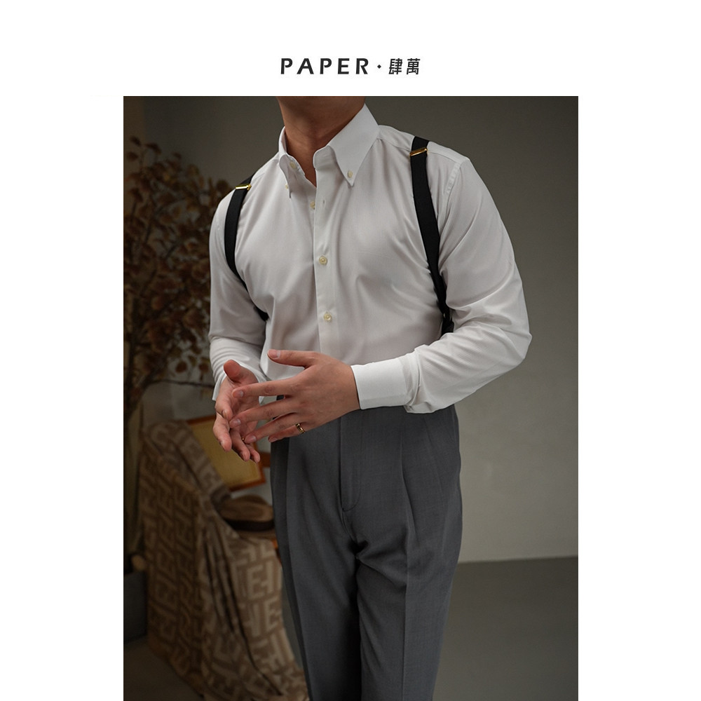 P PAPEL Simann Homens Bonitos Padrão Escuro Botão Gola Não-Ferro Camisa Branca Business Commuter Slim-fit Camisa Branca 