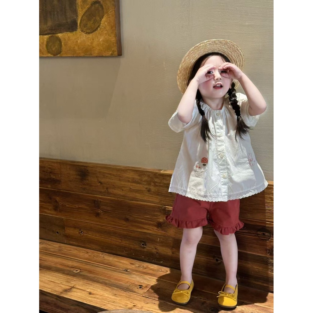 Meninas terno de verão 2026 novo estilo bebê bordado camisa do bebê Shorts de renda crianças moda Casual terno de duas p