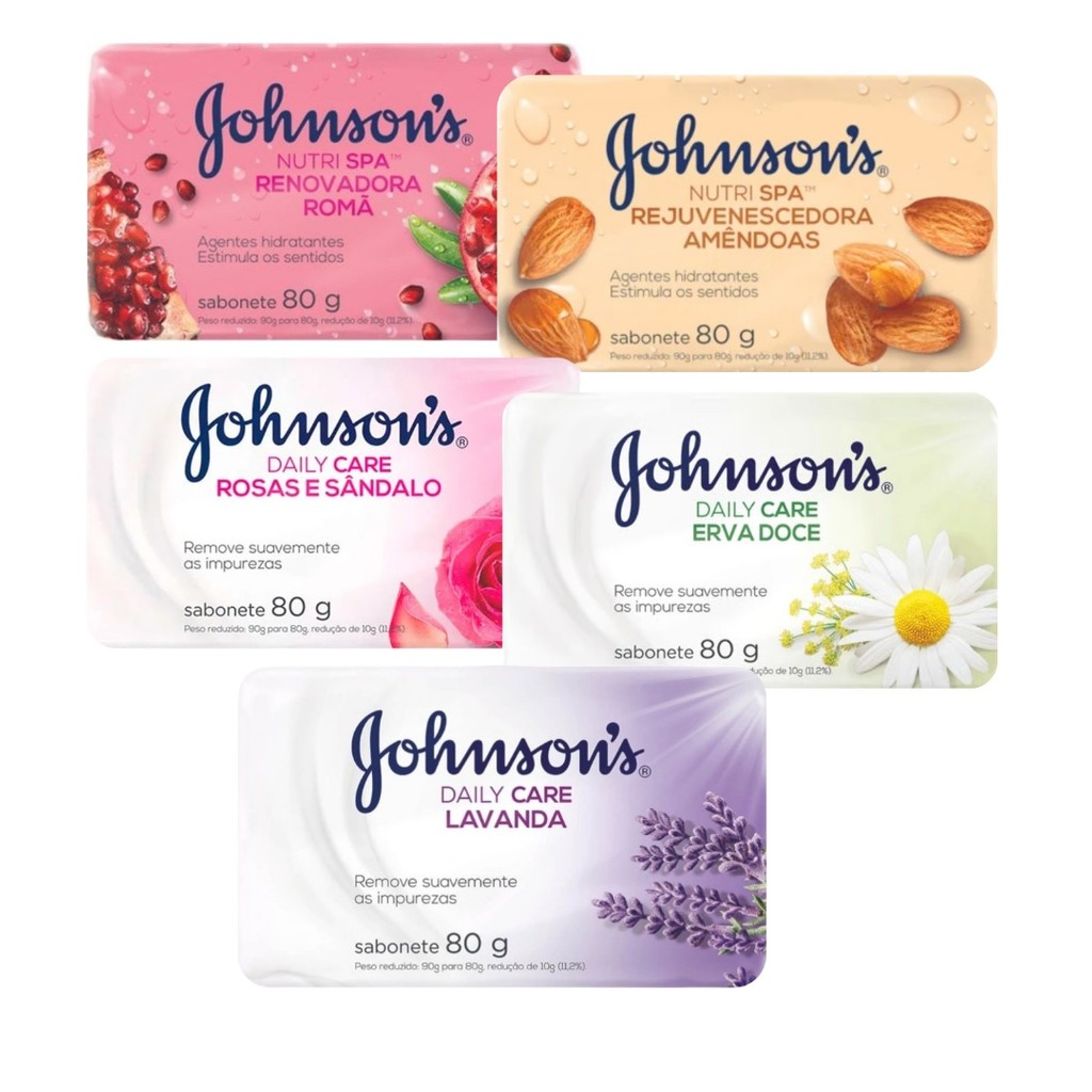 Kit 12 Sabonetes Johnson's Fragrâncias Romã, Rosa/Sândalo, Amêndoas, Erva Doce, Lavanda - Display 12 Unidades