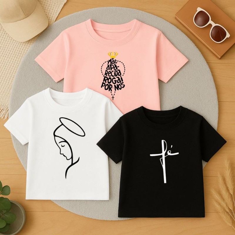 Kit 3 Camisetas Infantis Católicas Estampa Nossa Senhora Unissex Menino e Menina Algodão Premium