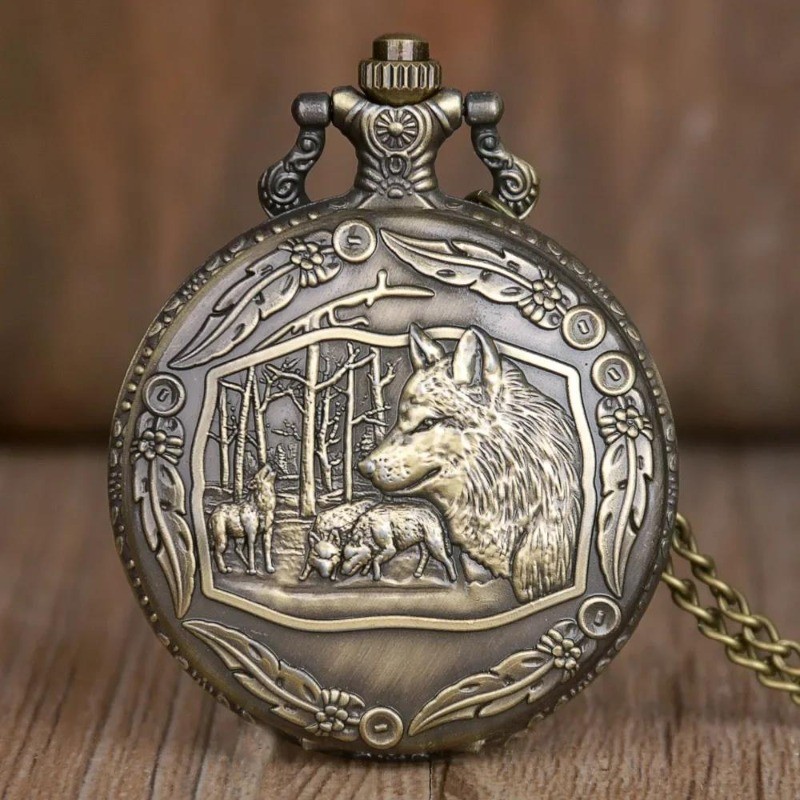 Relógio De Bolso Vintage Bronze Lobo Padrão Retro Em Relevo Floresta Lobos De Quartzo Com Corrente Antigo Steampunk Ping
