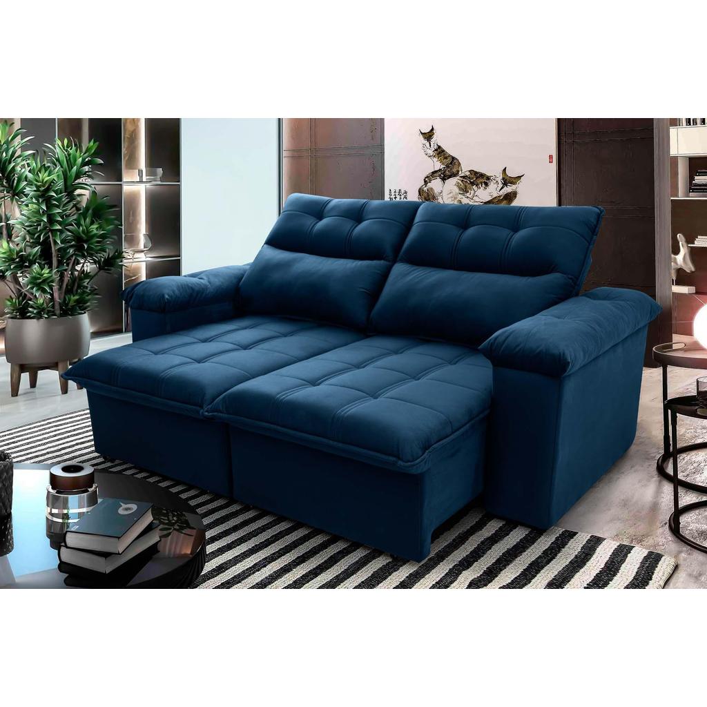 Sofá Retrátil Reclinável Verona 2,00m Suede Velut Azul Molas Ensacadas - King House