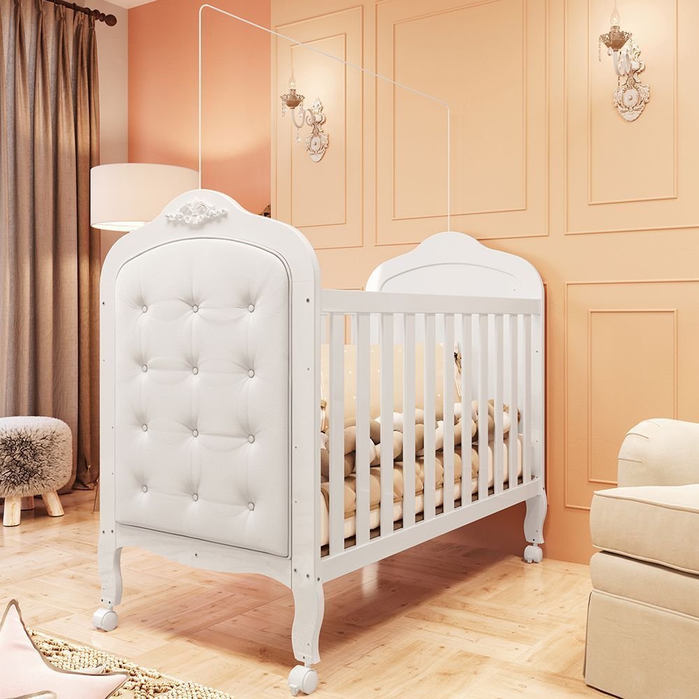 Berço Mini Cama 3 em 1 com Capitonê 100% MDF Maya Espresso Móveis Branco Brilho/Corino Branco Brilho