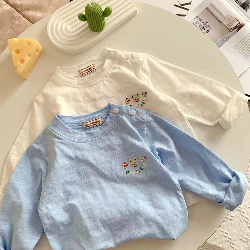 Meninos simples camiseta de manga comprida outono novo estilo estilo japonês crianças bebê cor sólida All-Match camisa d
