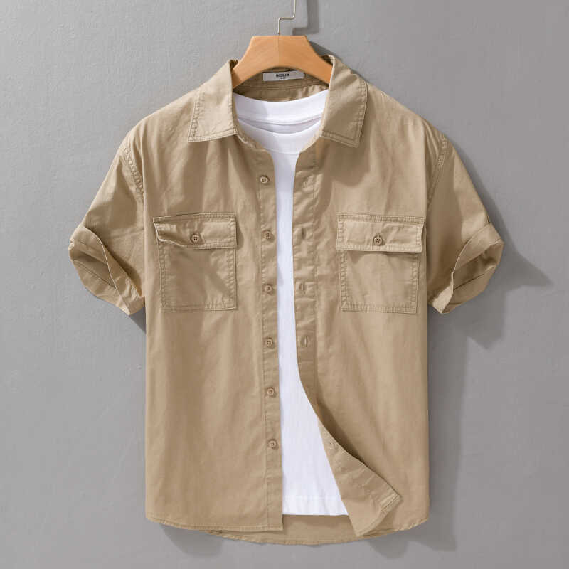 Algodão puro Ami cáqui ferramentas camisa branca masculina verão bolso japonês Retro meninos na moda camisa Casual