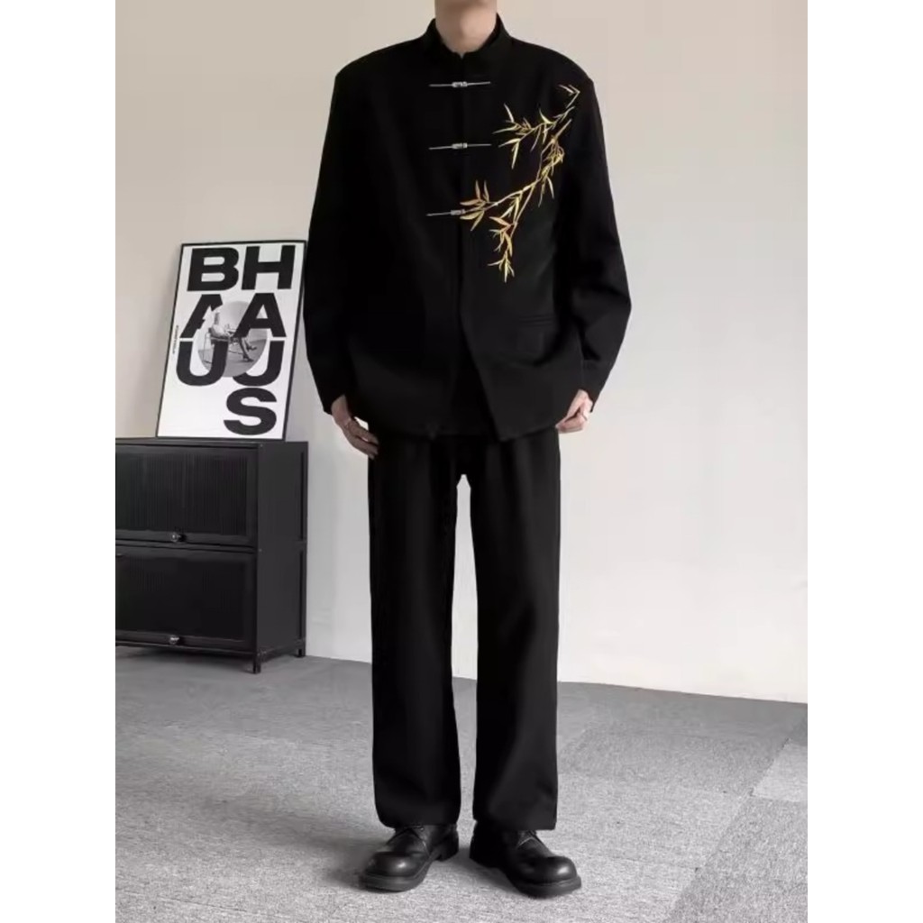 Novo estilo chinês bambu dourado bordado Zhongshan terno masculino terno de noivado de casamento gola alta Blazer mascul