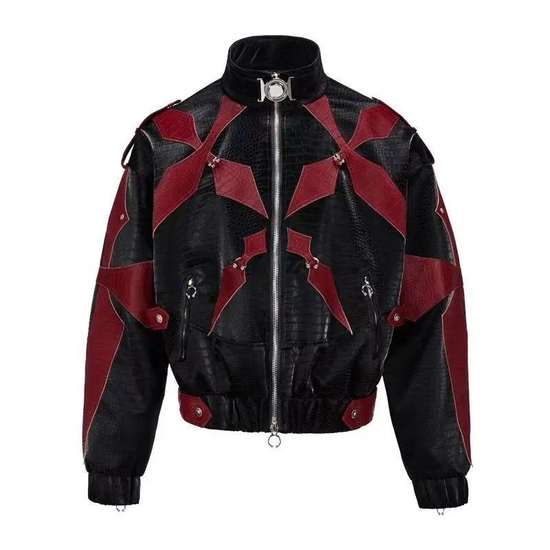 Jaqueta Masculina de Couro PU 2026 com Zíper, Gola Alta, Cores Contrastantes, Moda Coreana, Darkwear, Casaco Casual Masc