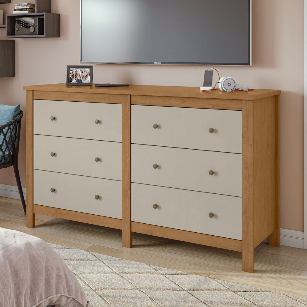 Cômoda para Quarto 6 Gavetas MDF Maggiore New 162cm Bege Amêndoa Clean/Off White Amêndoa Clean/Off White