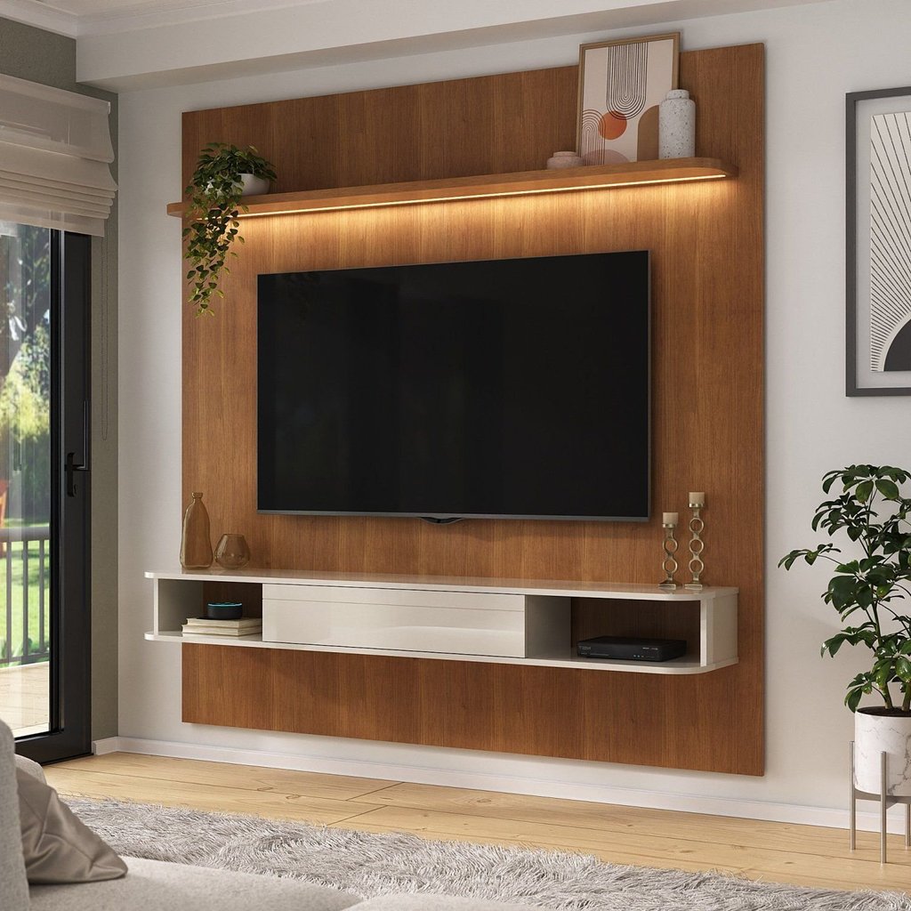 Painel para TV até 75 Polegadas com LED MDF 182,5CMX183CM Nichos, Porta Basculante Cinamomo Off White Belluno Marrom