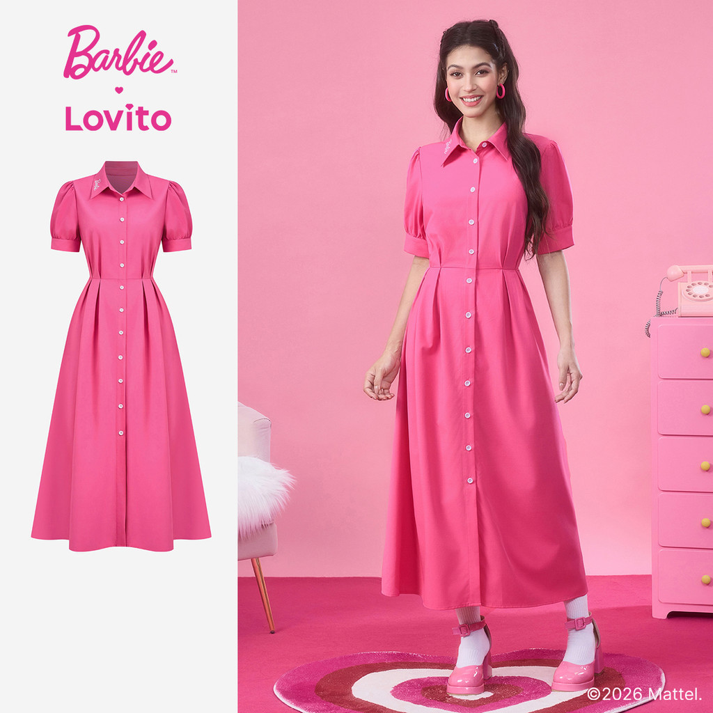 BarbieTM X Lovito Vestido Casual Elegante Formal Bordado Com Botões Rosa Primavera/verão Mulheres LB1AD036