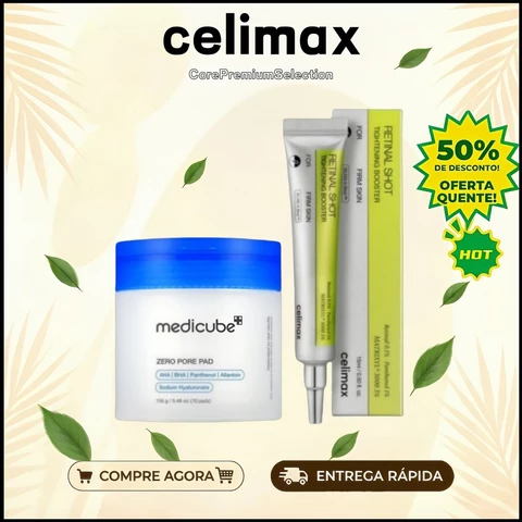 Kit Celimax Vita-A Retinal Shot Booster 15ml + Medicube Zero Pore Pad 70 Unidades | Duo Antienvelhecimento + Poros : Fir