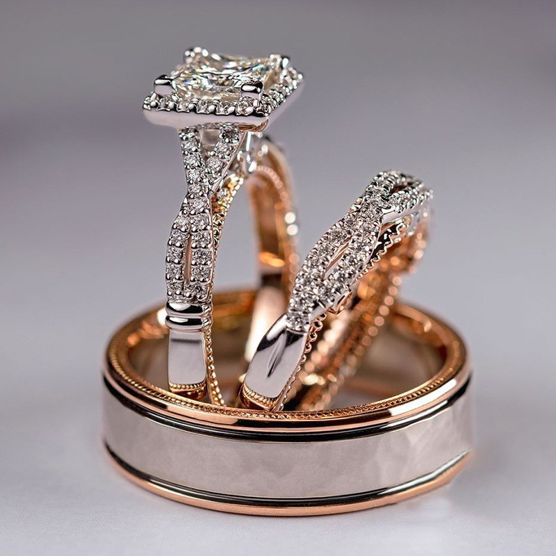 Conjunto de três peças em ouro rosa: anel de diamante, conjunto completo de zircônia com diamantes, anel feminino, anel 