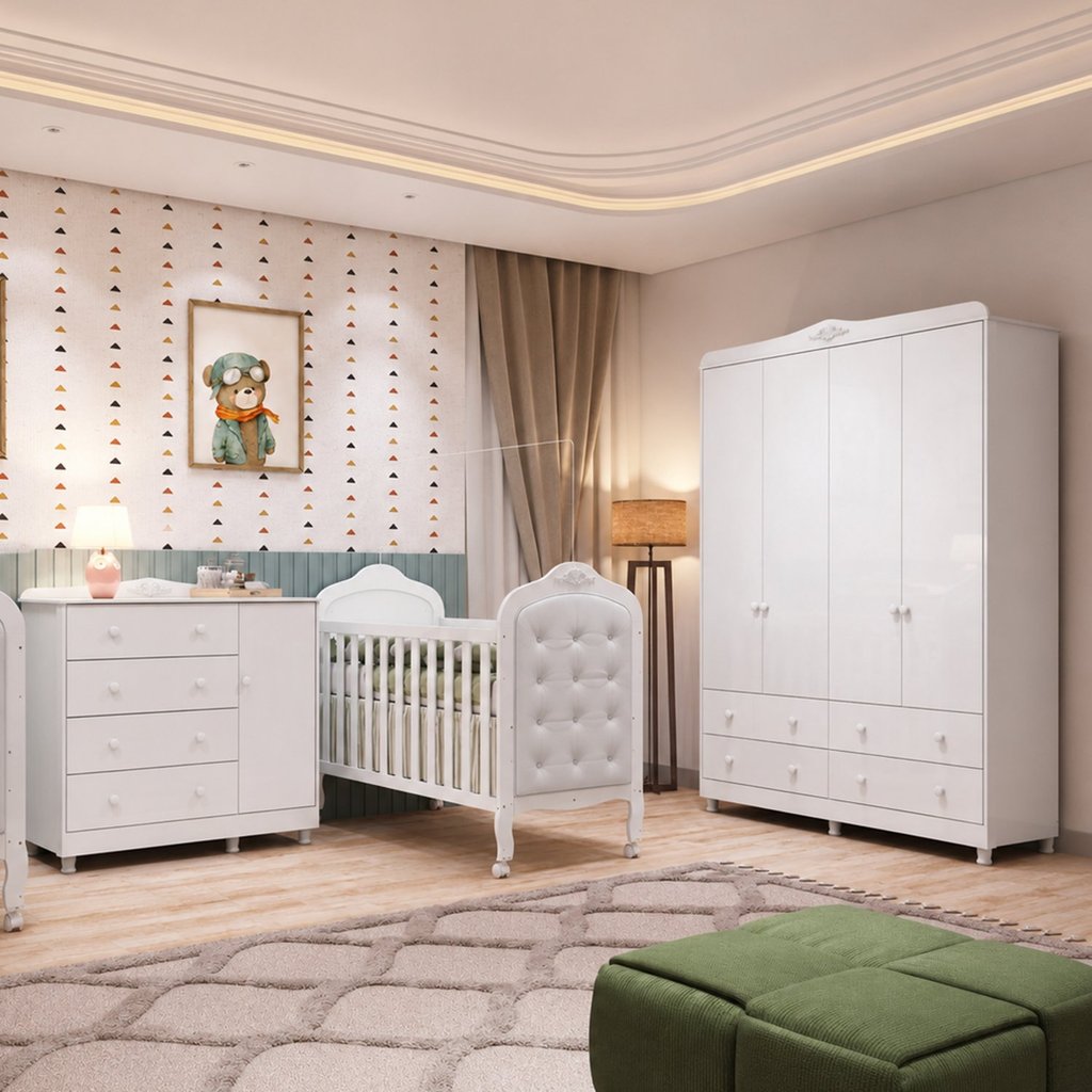 Quarto de Bebê com Guarda-Roupa Cômoda e Berço com Capitonê 100% MDF Maya Clássico Espresso Móveis B Branco Brilho
