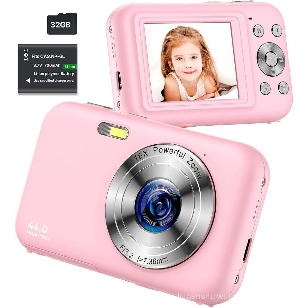 Câmera infantil rosa-FHD 1080P, cartão SD de 32 GB, Zoom 16x, portátil pequeno