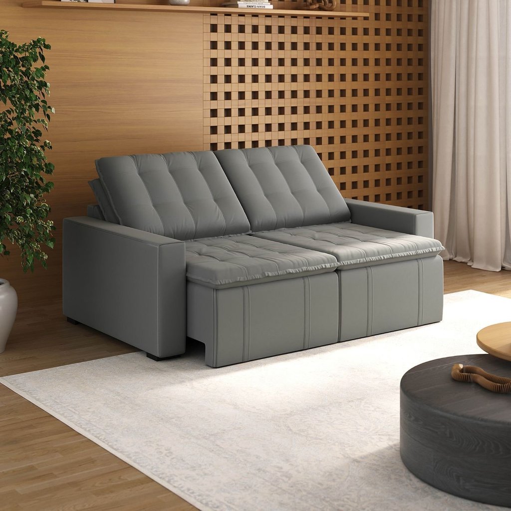Sofá Cama Retrátil e Reclinável 3 Lugares Veludo Cinza Palmeira 200cm CabeCasa MadeiraOriginals Cinza