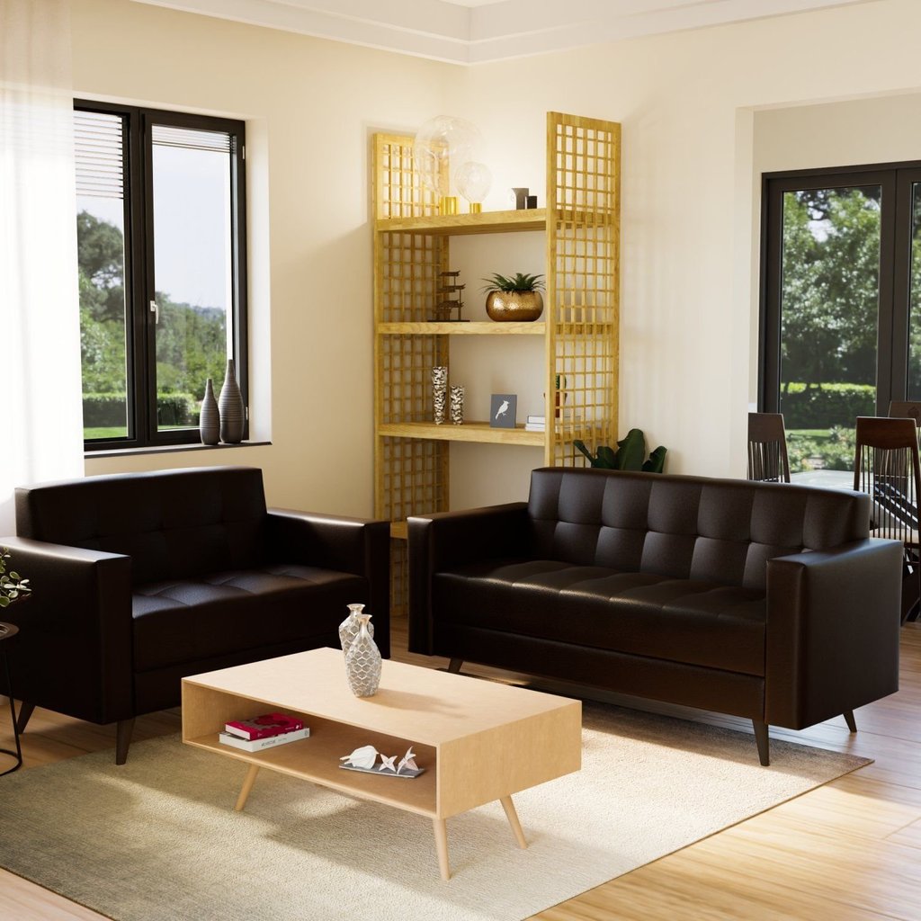 Conjunto de Sofás 3 e 2 Lugares Escritório e Recepção Fixo Corino Marrom Vitrola 175cm
