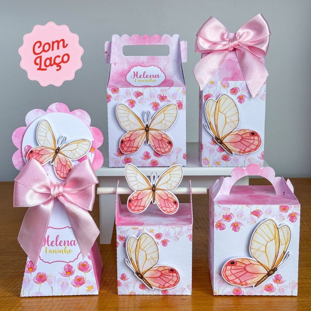 KIT PEGUE E MONTE - Kit festa Jardim das Borboletas Rosa Caixas Personalizada Lembrancinhas Jardim Encantado Borboleta