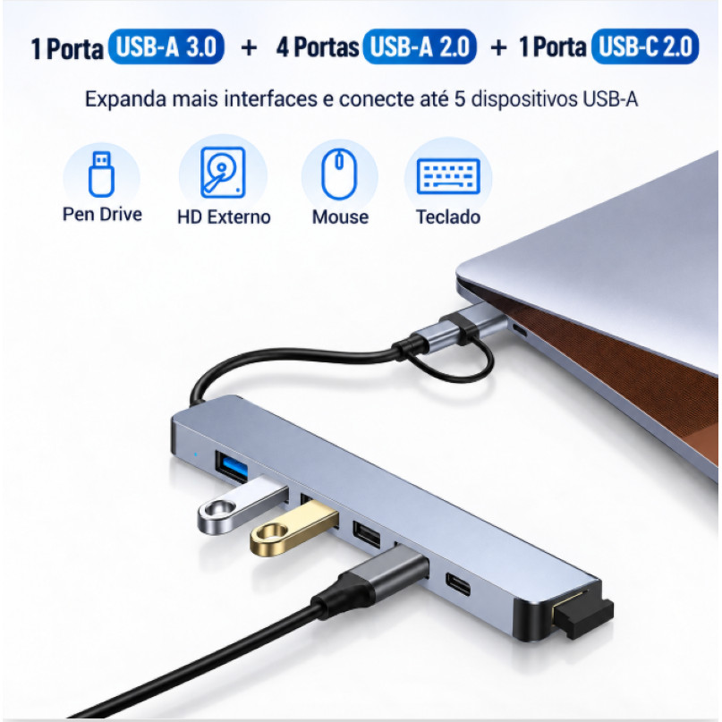 Hub USB-C 7 Portas USB 3.0 Expansor USB Tipo-C para Notebook, PC, MacBook Plug &