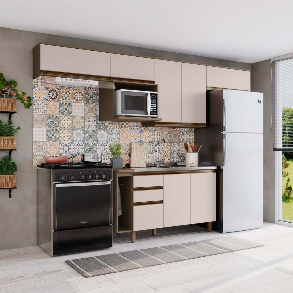 Cozinha Completa Modulada 8 Peças 8 Portas 100% MDF Aurora Espresso Móveis Cinza/Duna/Cristal