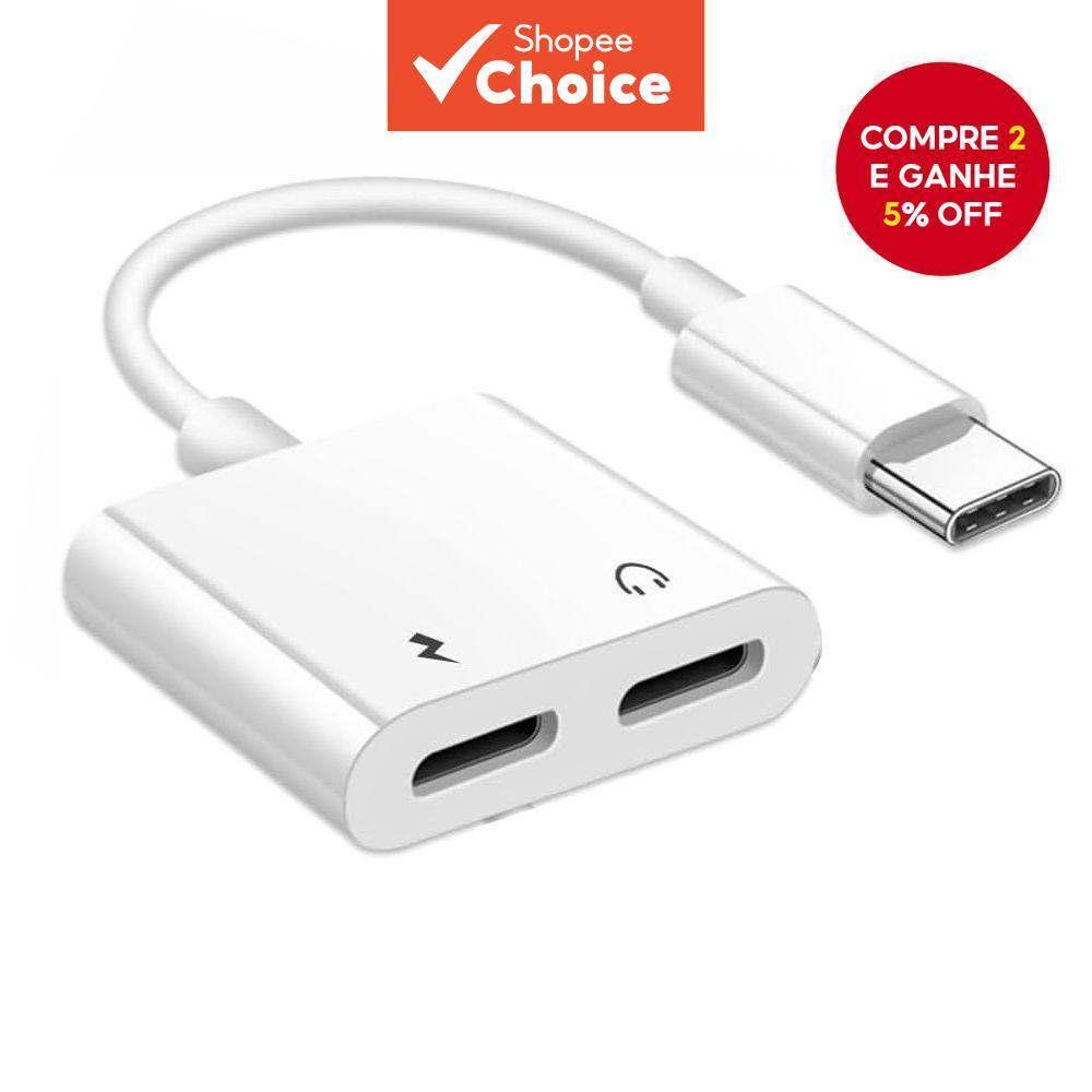  Divisor USB Duplo 2 em 1 DAC, Adaptador Tipo C de Carga Rápida e Adaptador OTG Tipo C para Jack de Fone de Ouvido 3,5mm