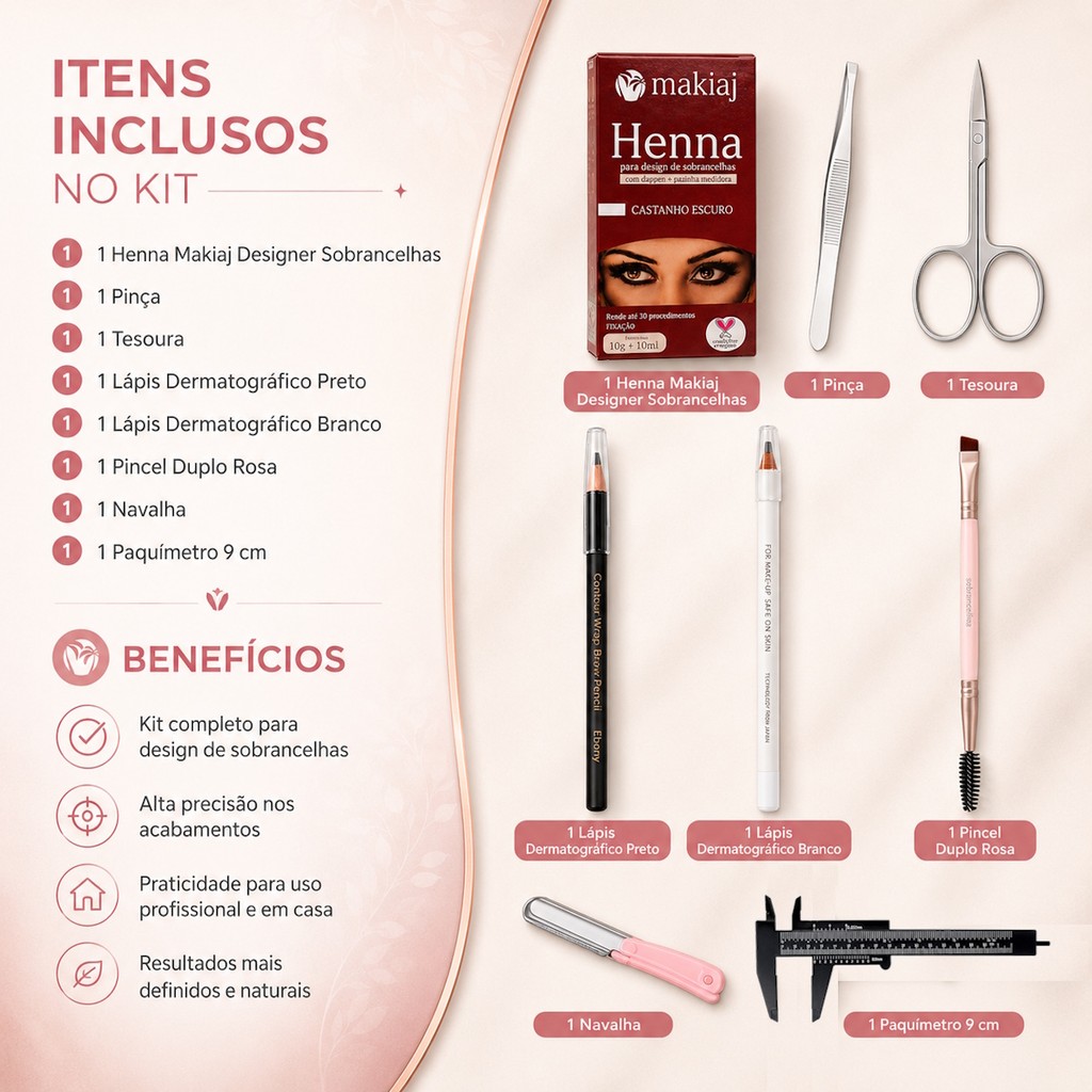 Kit Sobrancelha Henna Makiaj Design Profissional Pinça Tesoura Pincel Completo Iniciante Paquimetro Lapis — imagem 2 de 2