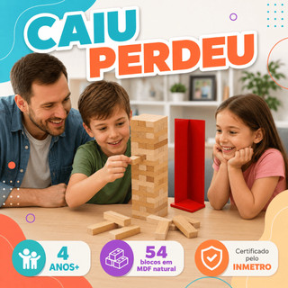 Jogo Caiu Perdeu Torre Equilíbrio Madeira 54 Peças Brinquedo Educativo Coordenação Motora Infantil