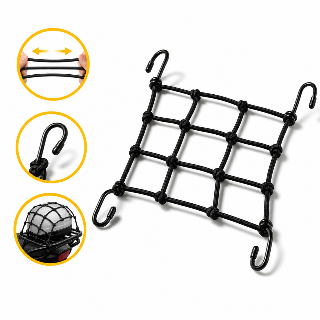 Rede Elástica Aranha Não Deforma 25x25 Bagageiro Moto Bike Prender Capacete Carga Com Gancho Viagem