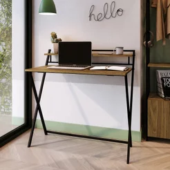 Escrivaninha Mesa Escritório Dobrável SW014 1 Prateleira 93cm Preto e Noce Oro Marrom Preto/Noce Oro