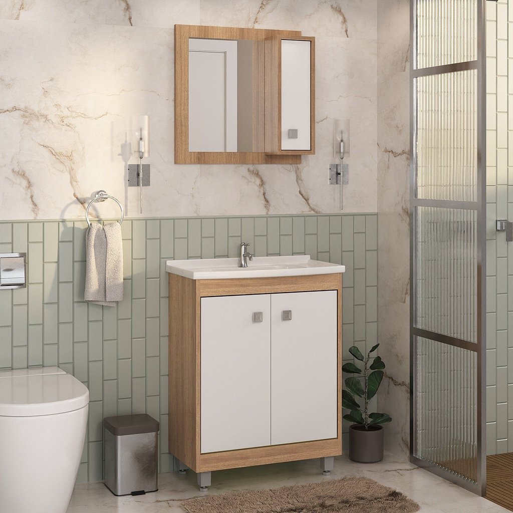 Conjunto de Banheiro 2 Portas com Gabinete Cuba e Espelheira 60cm Essenza Lamina Mel/Branco