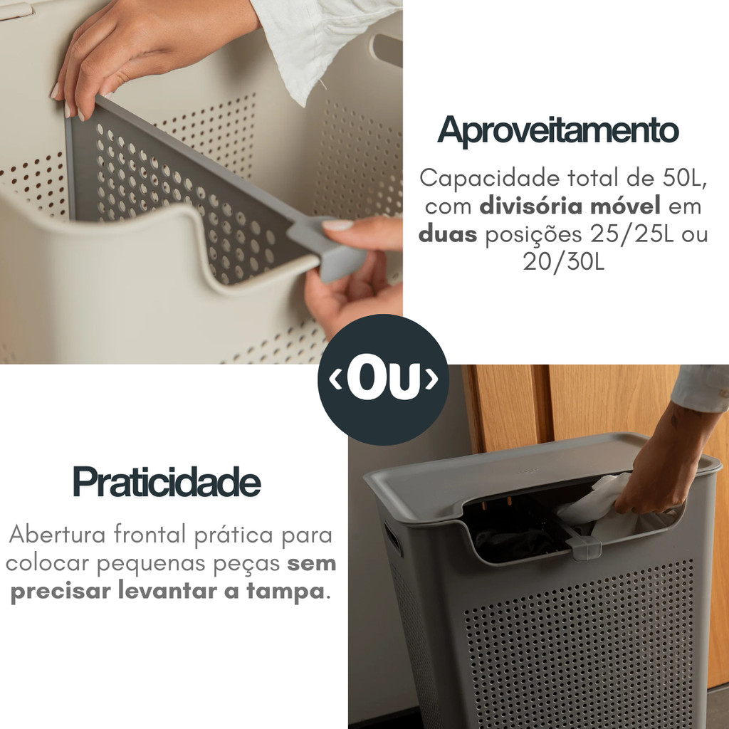 Cesto de Roupas 50 Litros com Divisória Duplo Compartimento Ajustável Tampa Abertura Frontal Flow OU — imagem 2 de 2