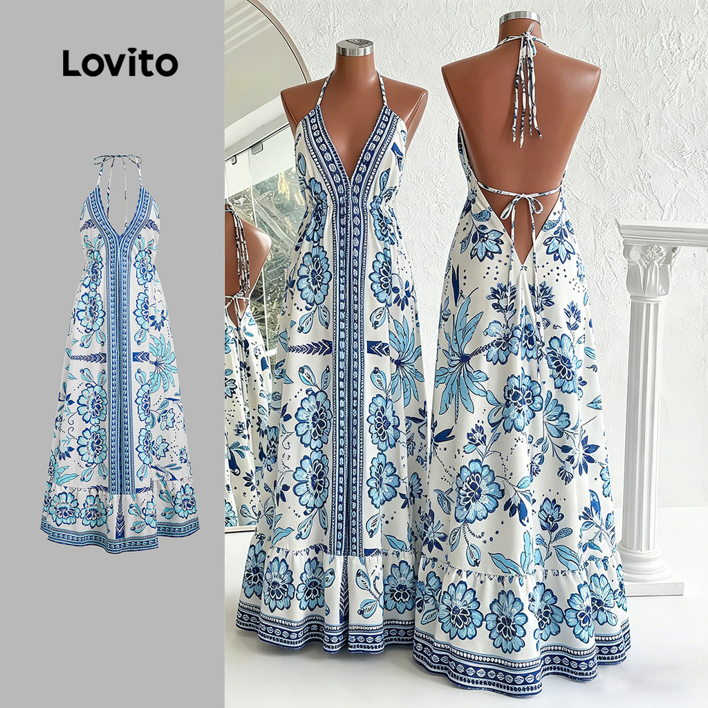 Lovito Babado Vestido Longo Azul Floral De Férias Com Decote Halter Ajustável De