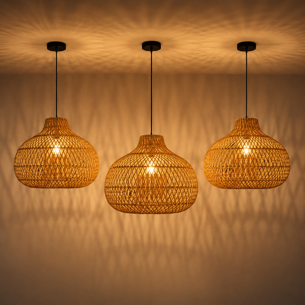 Kit 3 Luminárias de Teto Lustre Pendente Rattan Fee Utilidades Copacabana Rústico 42cm