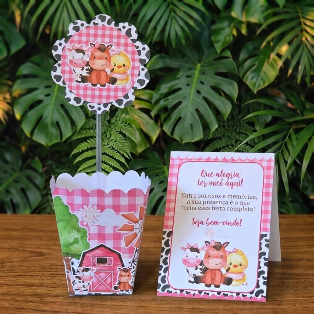 Centros de mesa + Plaquinhas FAZENDINHA ROSA MENINA lembrancinhas personalizadas mimos aniversario infantil decoração