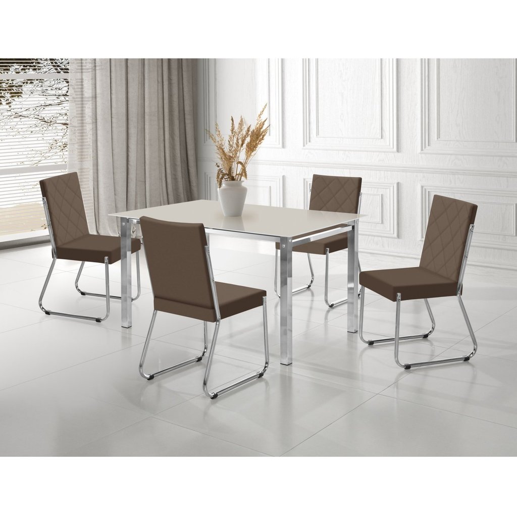 Conjunto Sala de Jantar Mesa Ortenia Tampo Vidro com 4 Cadeiras Dinah Marrom/Cromado/Off White Cromado/Marrom/Off White