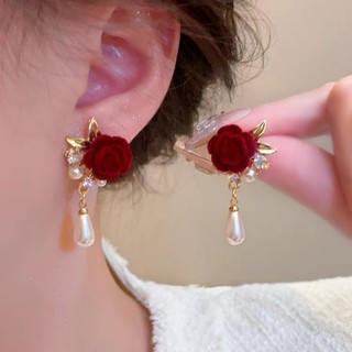 Retro estilo Hong Kong outono inverno vinho vermelho preto veludo rosa pérola brincos na moda 2026 novo estilo na moda