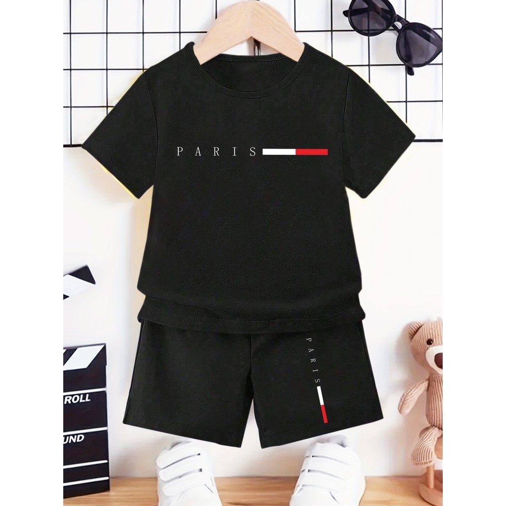 Conjunto Menino Paris Camiseta Estampada Bermuda Moletinho Moda Infantil Confortável