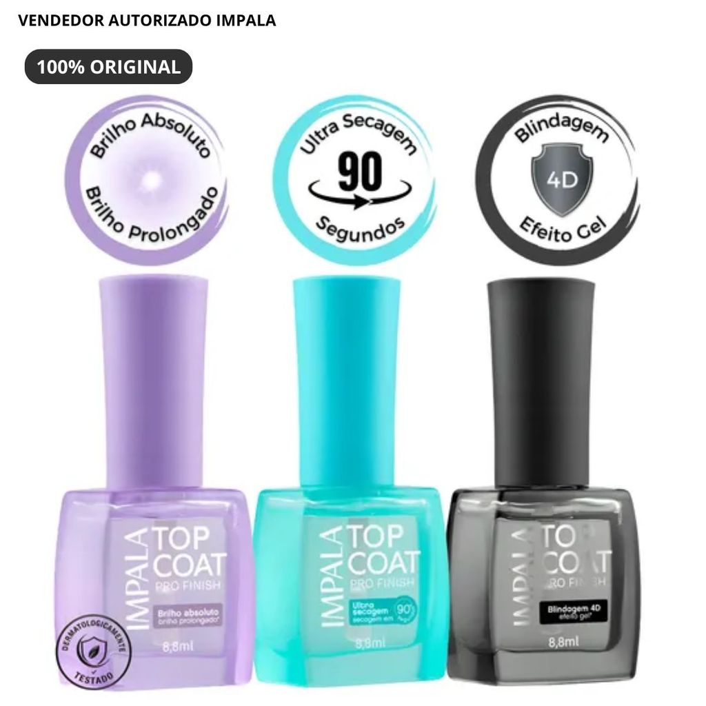 Top Coat Impala Pro Finish Hipoalergênico & Vegano – Ultra Secagem, Brilho Absoluto e Blindagem 4D