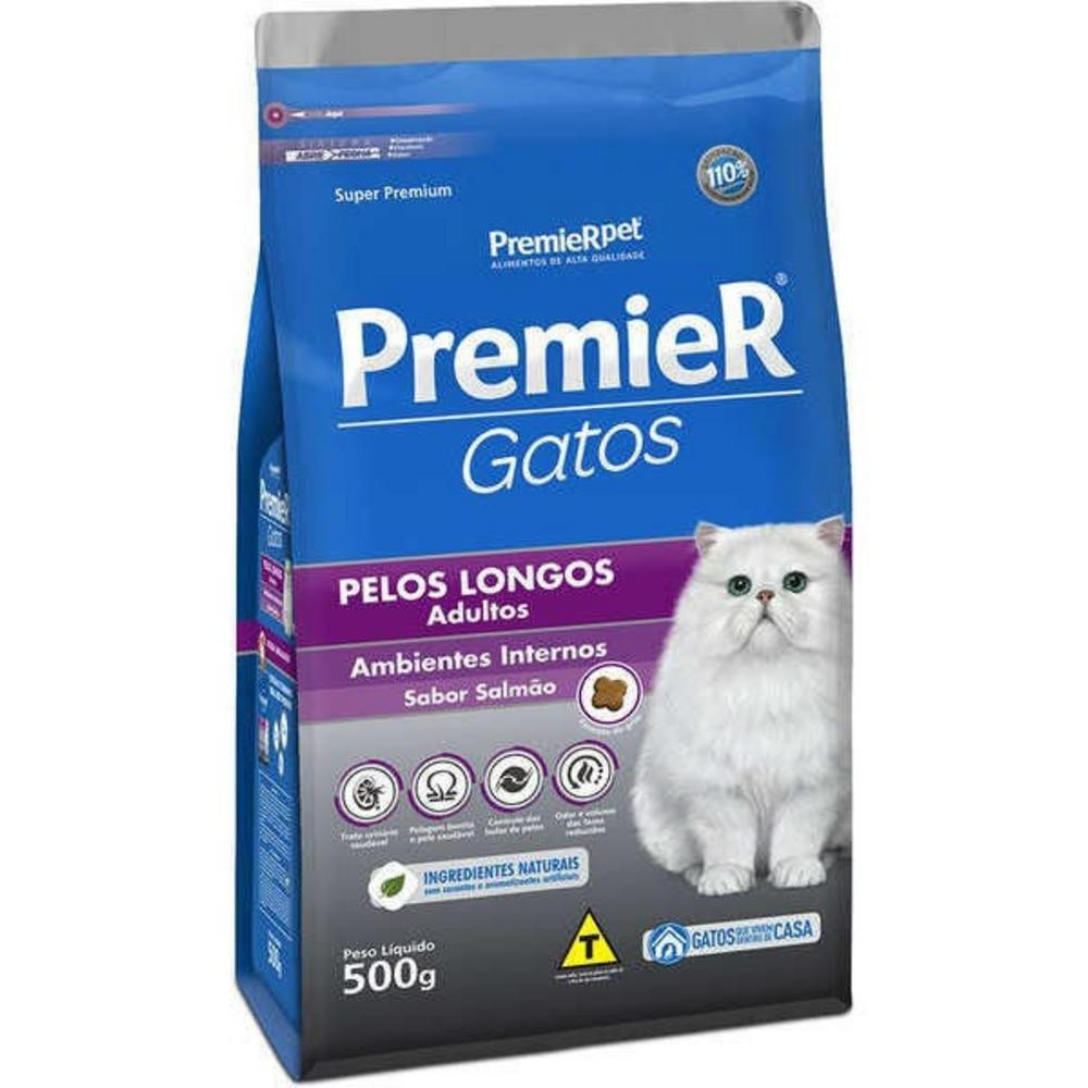 Ração para Gatos Adultos com Pelos Longos Ambientes Internos Sabor Salmão Premier 500g