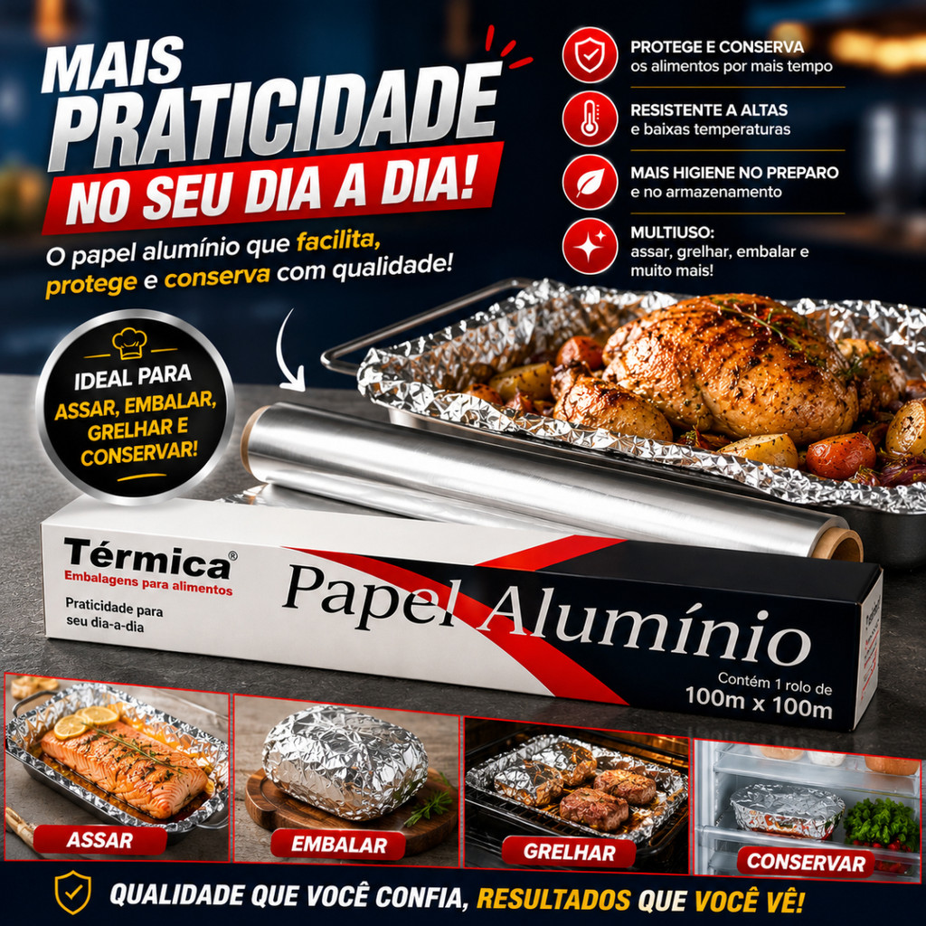 Papel Alumínio 100m x 30cm Rolo Profissional para Assar Embalar e Conservar Alimentos - Térmica