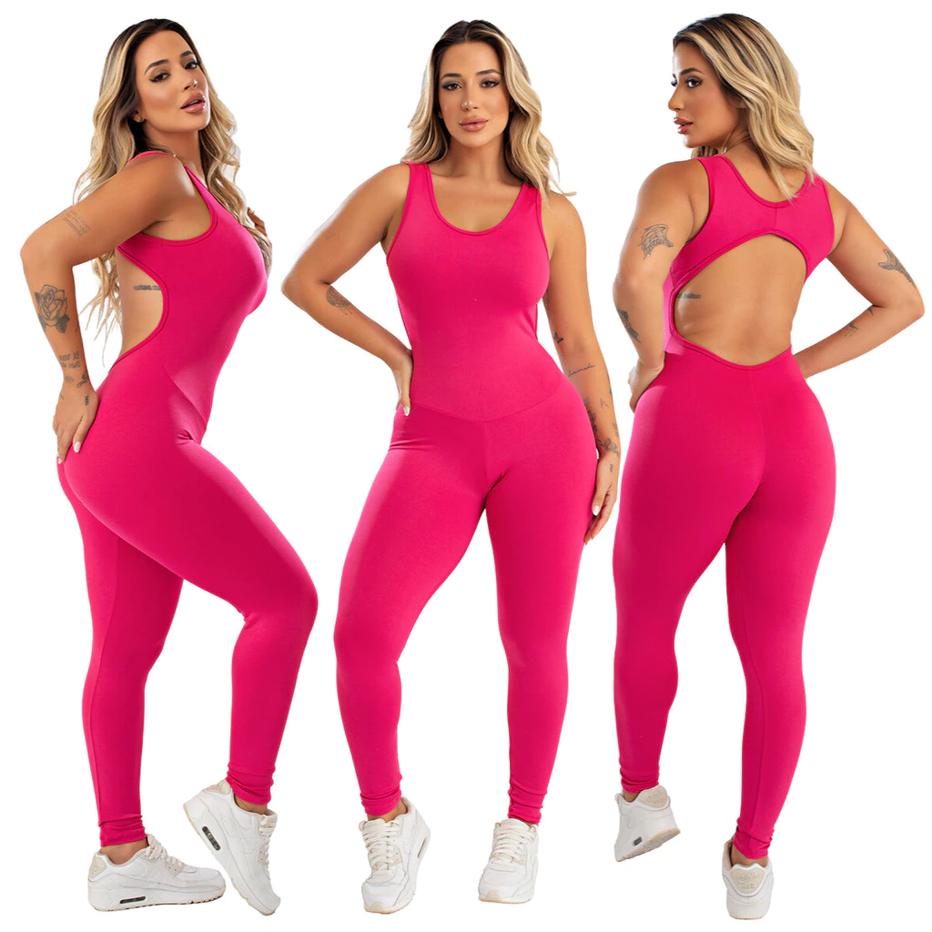 Macacão Academia Feminino Longo Fitness Costas Aberta Suplex Liso Roupa de Malhar Ginastica MAYU