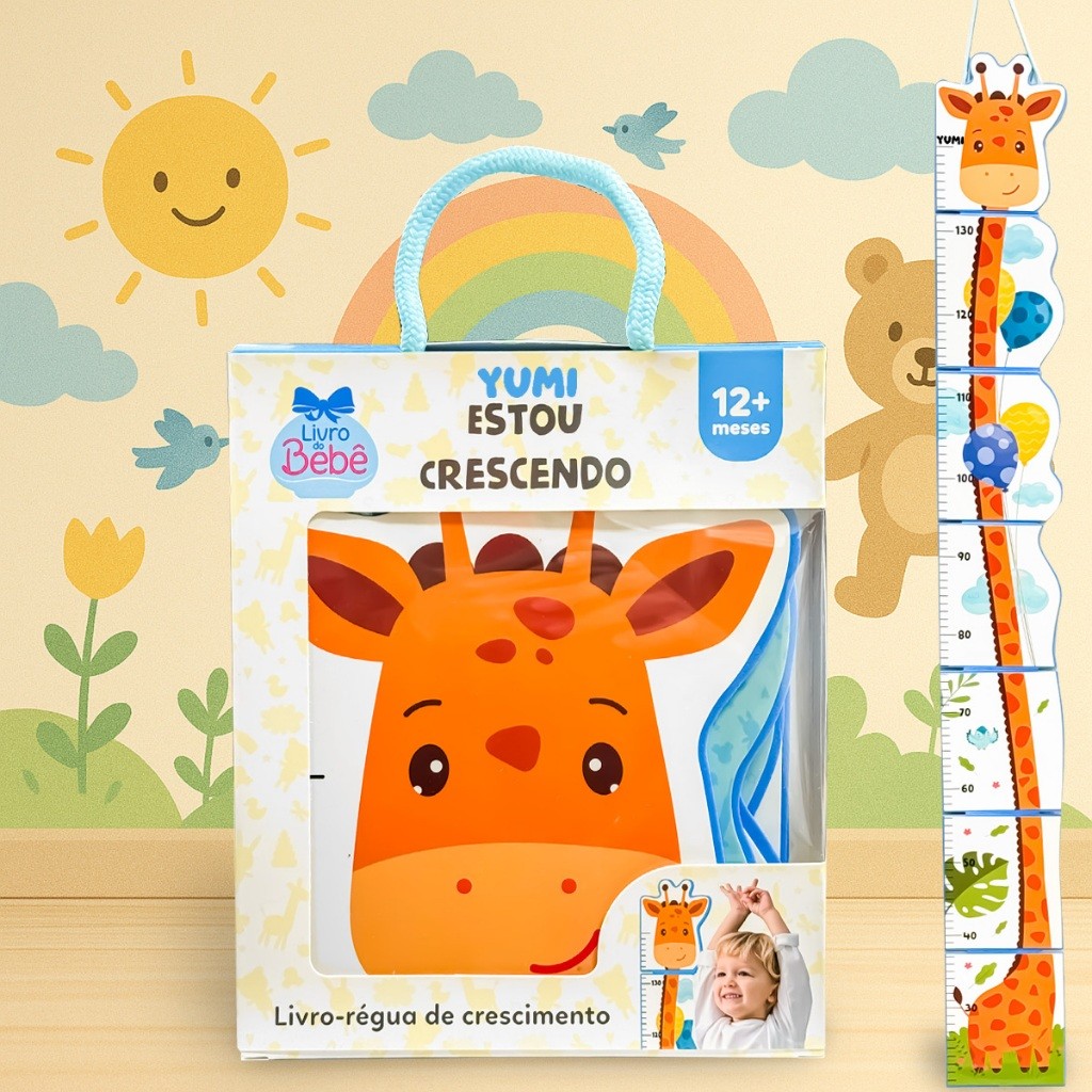 Livro Infantil Estou Crescendo - Régua De Crescimento Bebê Meninos Safari Girafa