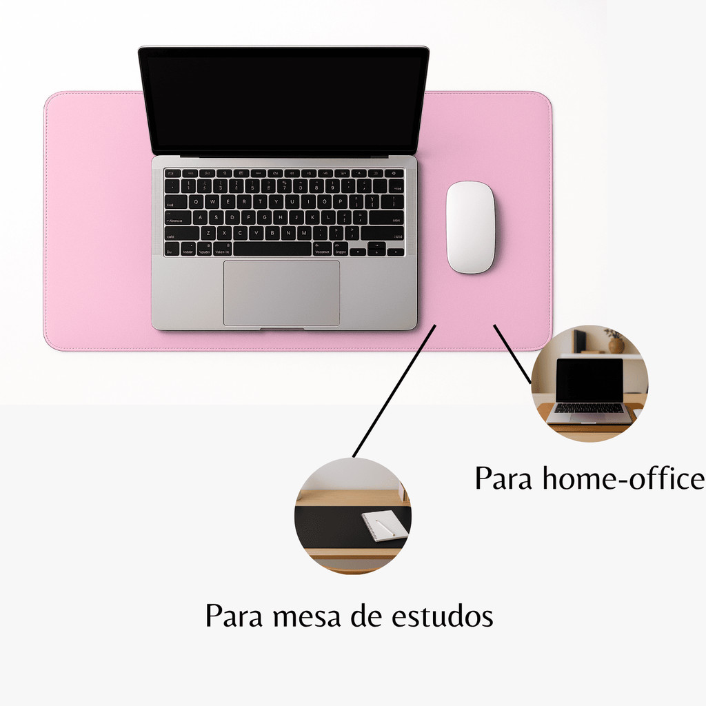 Desk Pad Grande Couro Rosa Clarinho Feltro Costurado Básico 