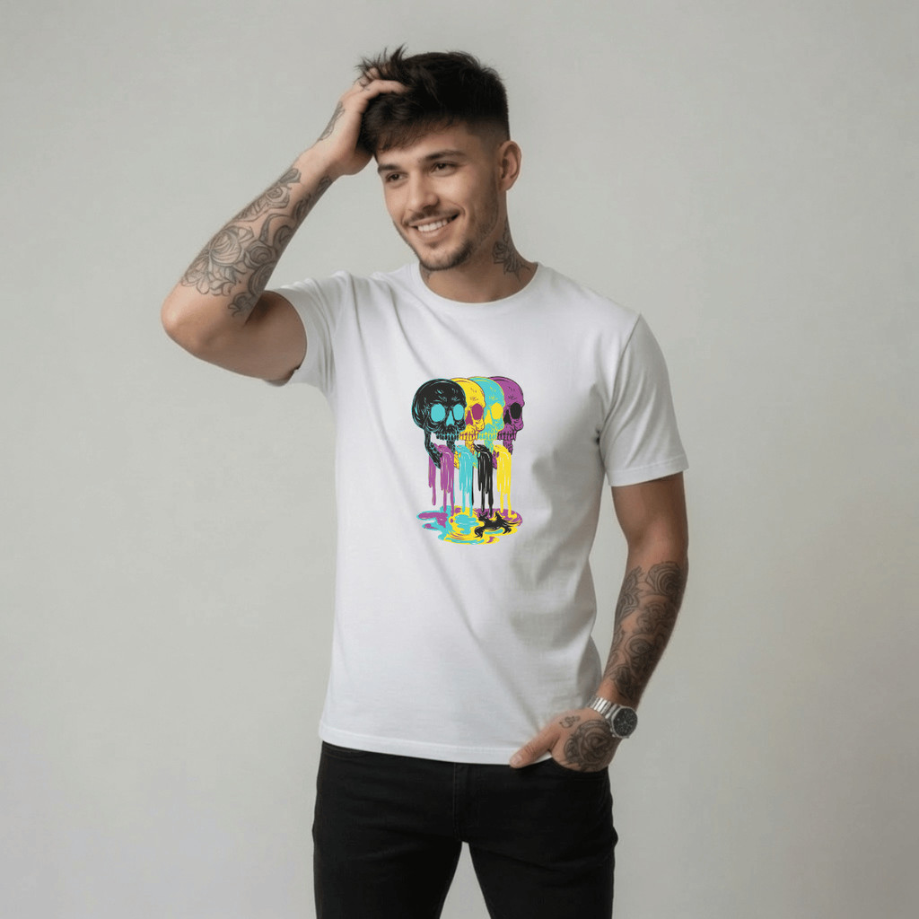 Camiseta Masculina Estampada Caveiras Coloridas 100% Algodão Premium Camisa Blusa Homem Academia Confortavel Plus Size