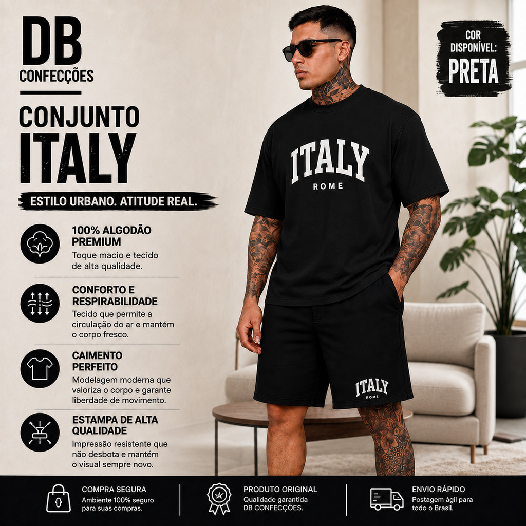 KIT SHORT E CAMISETA ITALY - Conjunto Masculino Esportivo para Confortavel e Casual
