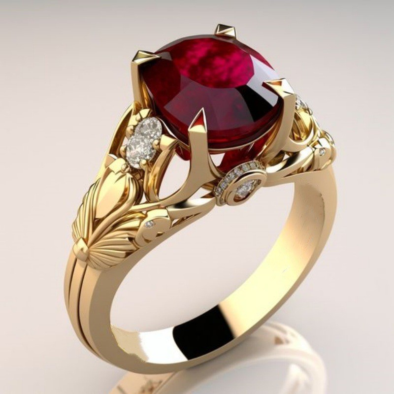 Anel de cristal rubí feminino, anel de banquete de moda, design retro de luxo leve