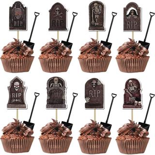 96 peças de enfeites para cupcakes de Halloween com mini colheres em formato de pá e aranhas, decorações para bolos, láp