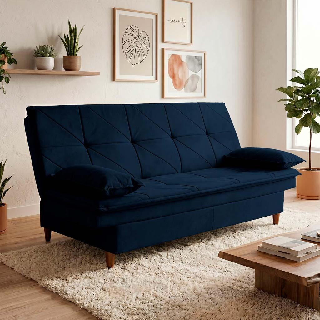 Sofá Cama Pérsia 3 Lugares Suede Velut Azul Marinho - King House